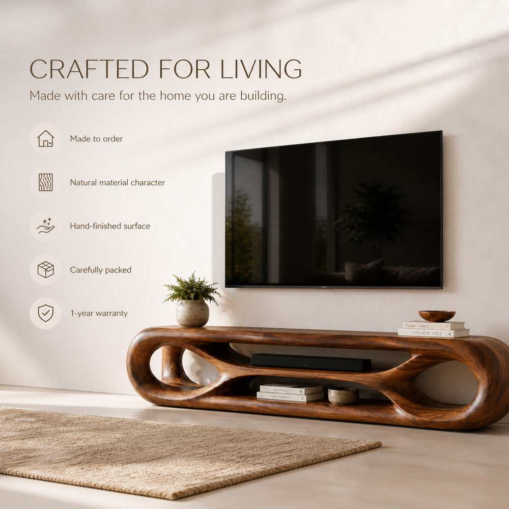 Zara Sculptural Solid Wood TV Stand - Design 065 - TV stand detail and styling view 08