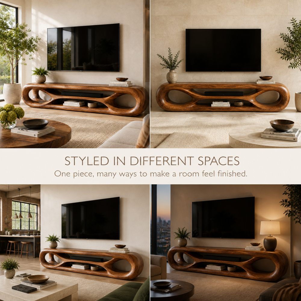 Zara Sculptural Solid Wood TV Stand - Design 065 - TV stand detail and styling view 09
