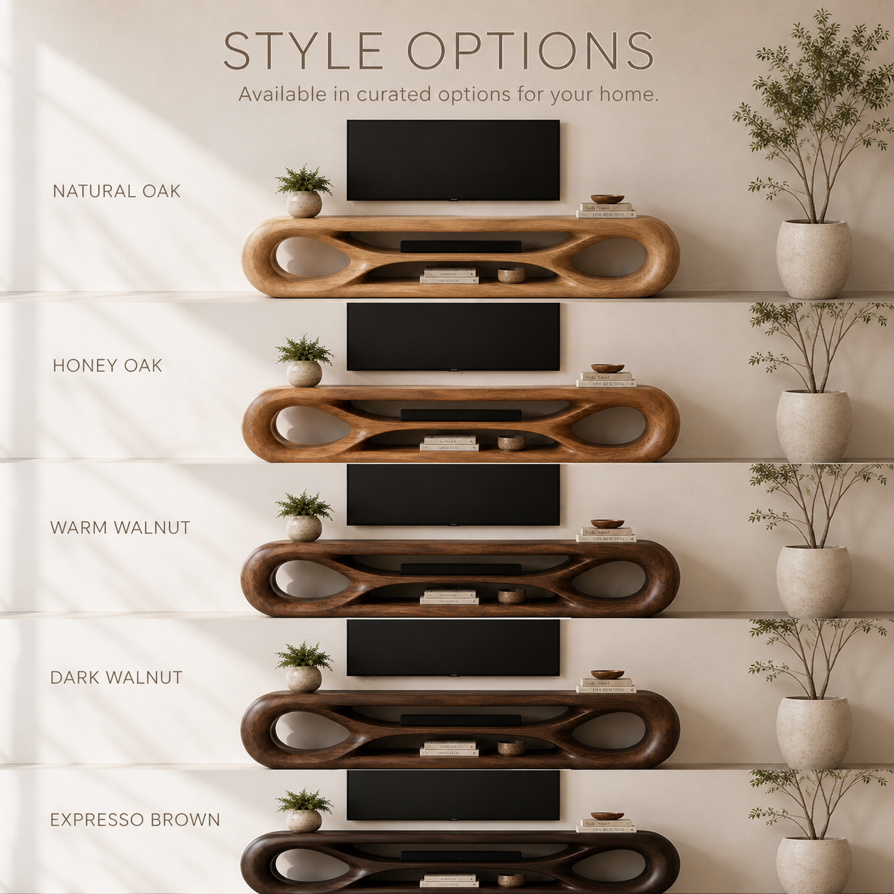 Zara Sculptural Solid Wood TV Stand - Design 065 - TV stand detail and styling view 10