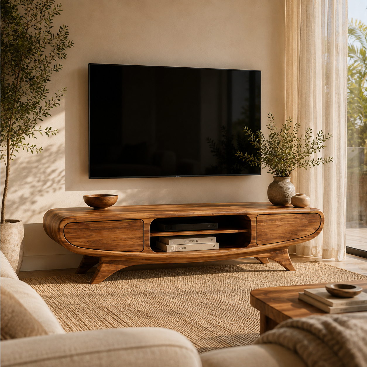 Oren Sculptural Solid Wood TV Stand - Design 066 - premium solid wood TV stand main lifestyle view