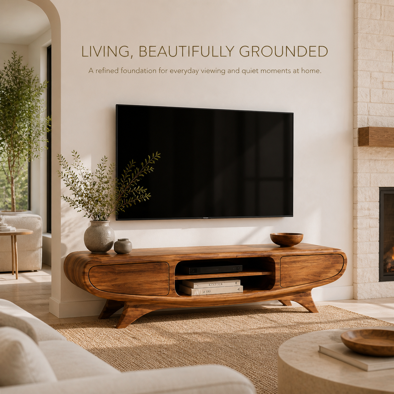 Oren Sculptural Solid Wood TV Stand - Design 066 - TV stand detail and styling view 01