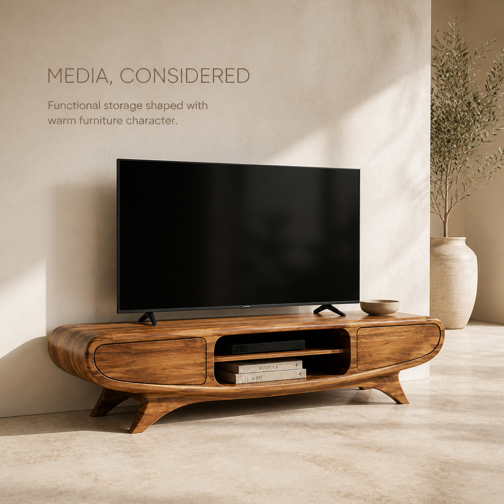 Oren Sculptural Solid Wood TV Stand - Design 066 - TV stand detail and styling view 02
