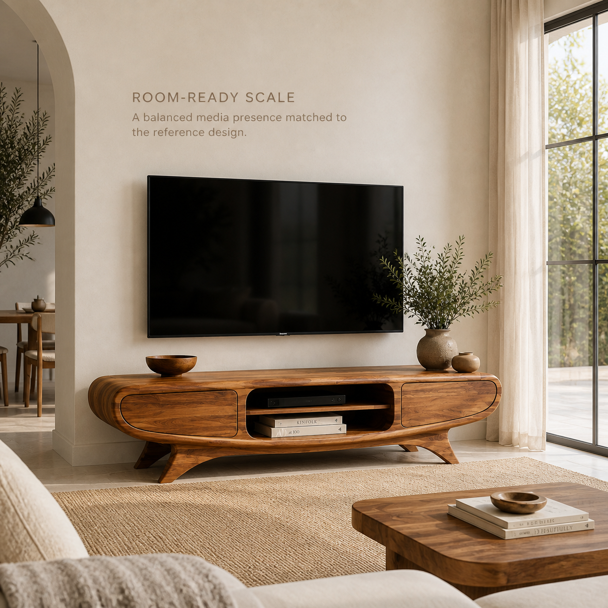 Oren Sculptural Solid Wood TV Stand - Design 066 - TV stand detail and styling view 03