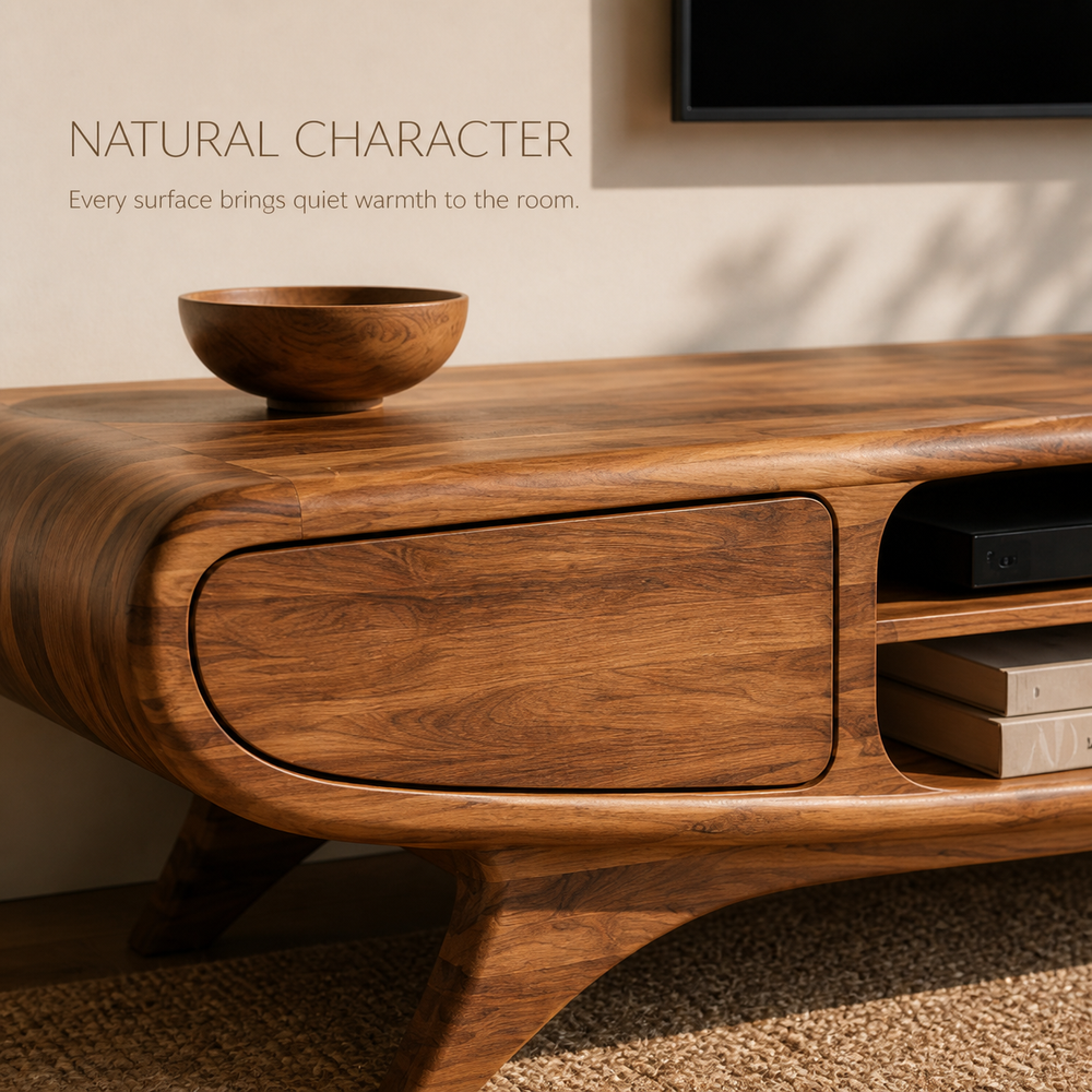 Oren Sculptural Solid Wood TV Stand - Design 066 - TV stand detail and styling view 04