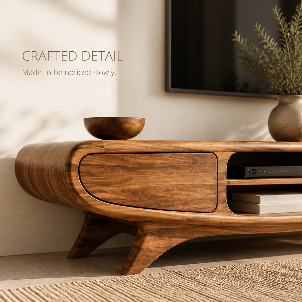 Oren Sculptural Solid Wood TV Stand - Design 066 - TV stand detail and styling view 05