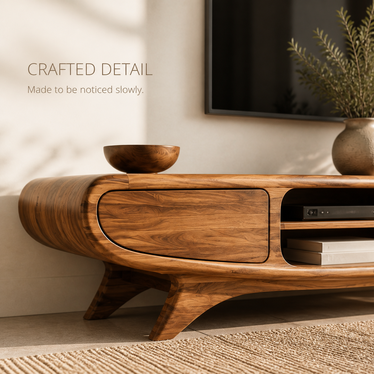 Oren Sculptural Solid Wood TV Stand - Design 066 - TV stand detail and styling view 05
