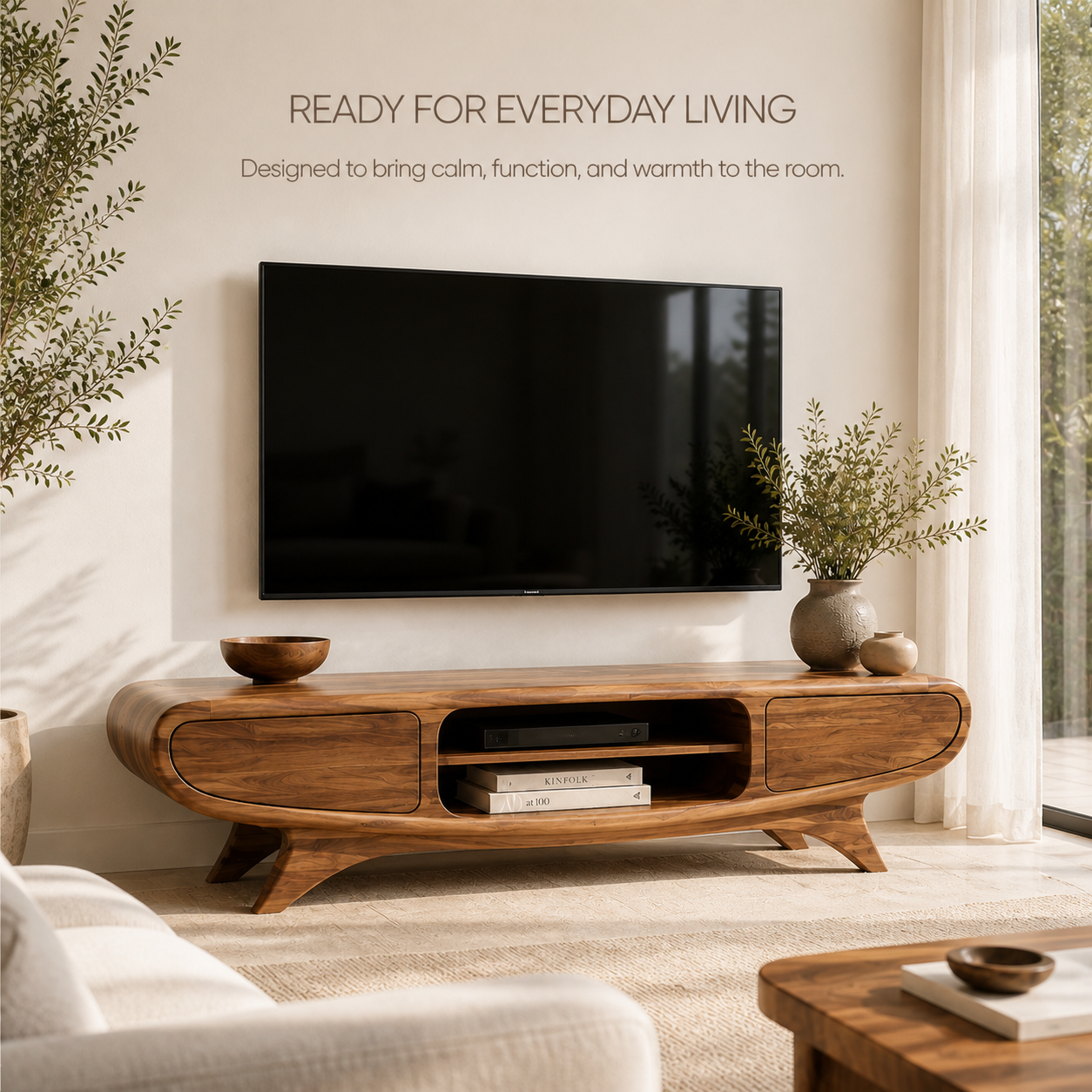 Oren Sculptural Solid Wood TV Stand - Design 066 - TV stand detail and styling view 06