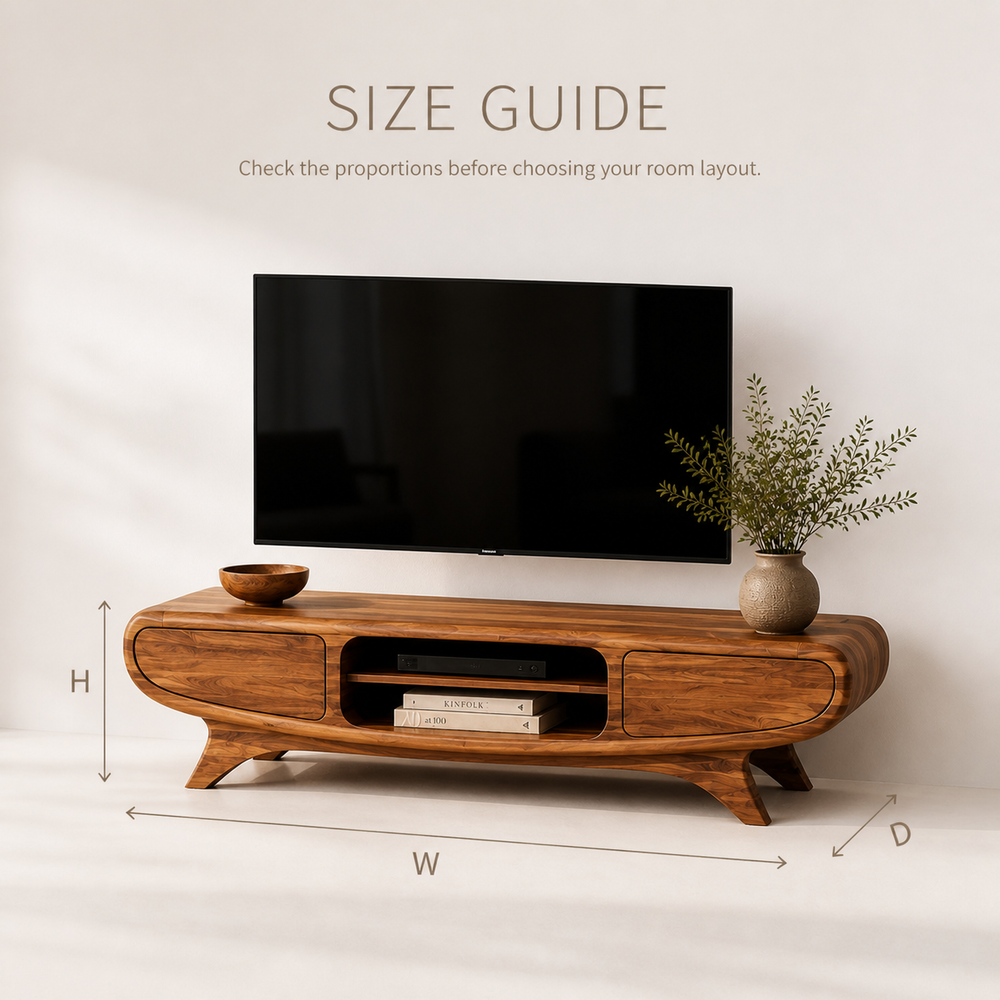 Oren Sculptural Solid Wood TV Stand - Design 066 - TV stand detail and styling view 07