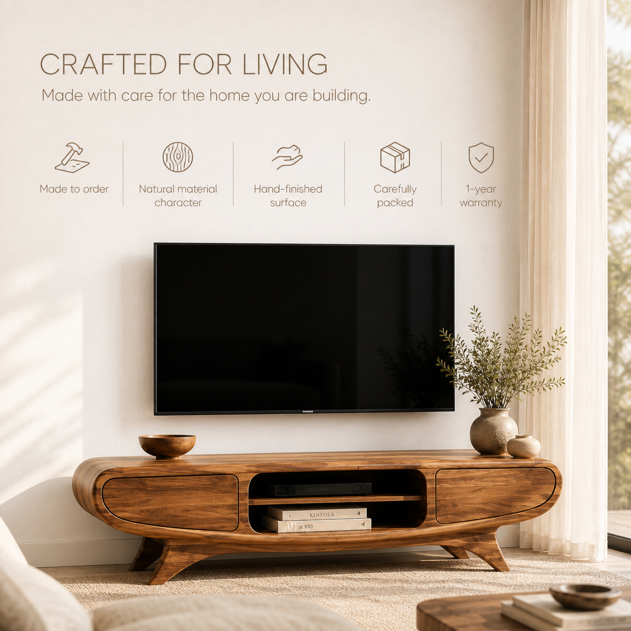Oren Sculptural Solid Wood TV Stand - Design 066 - TV stand detail and styling view 08