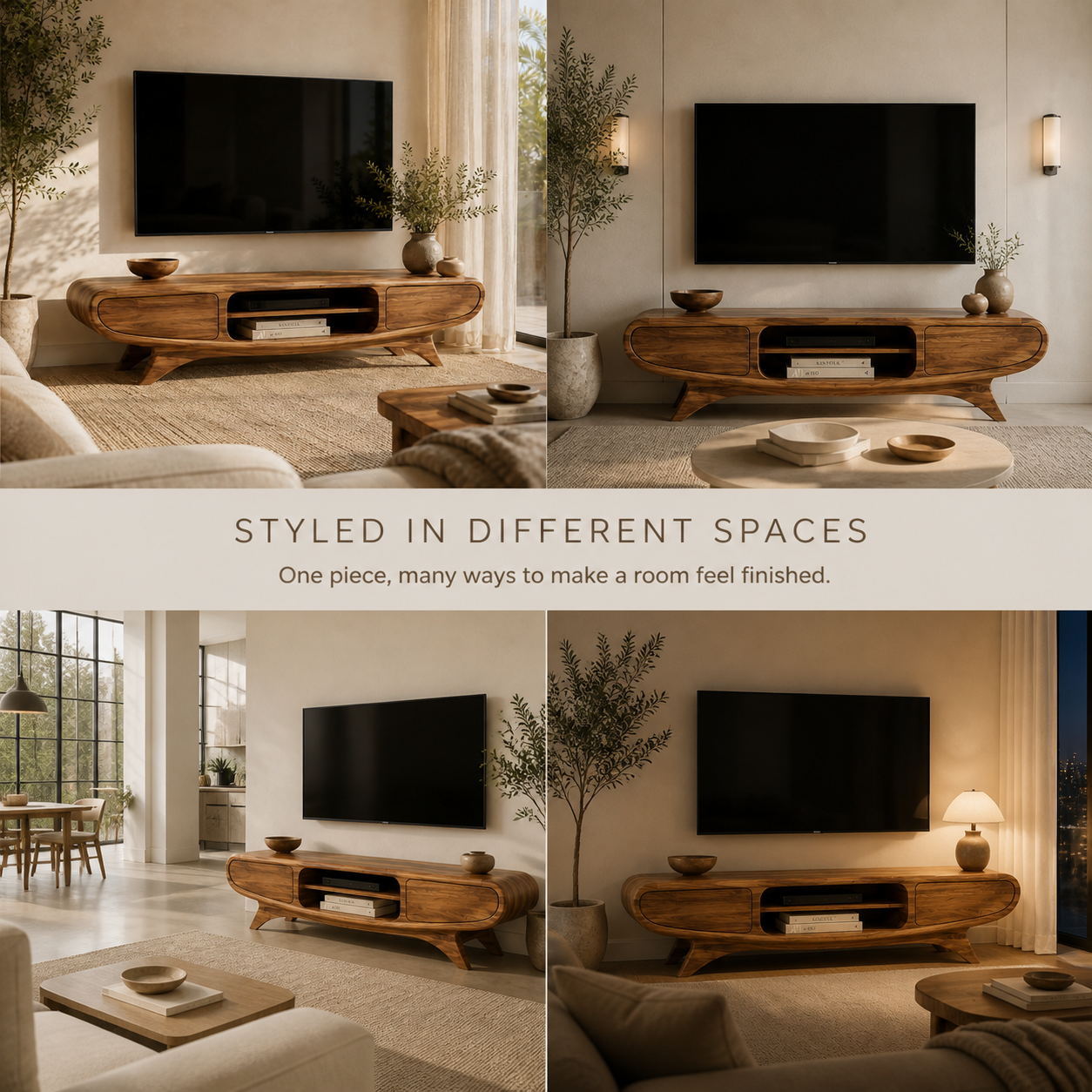 Oren Sculptural Solid Wood TV Stand - Design 066 - TV stand detail and styling view 09