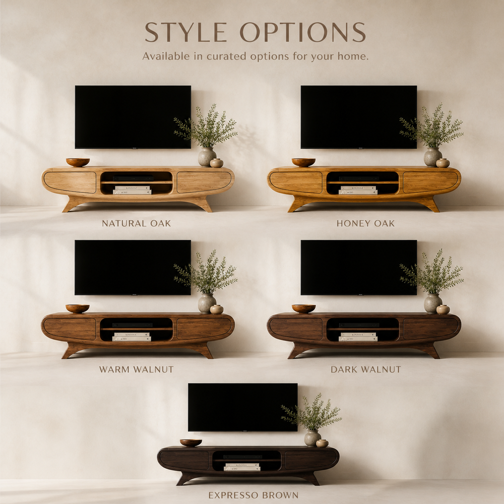 Oren Sculptural Solid Wood TV Stand - Design 066 - TV stand detail and styling view 10