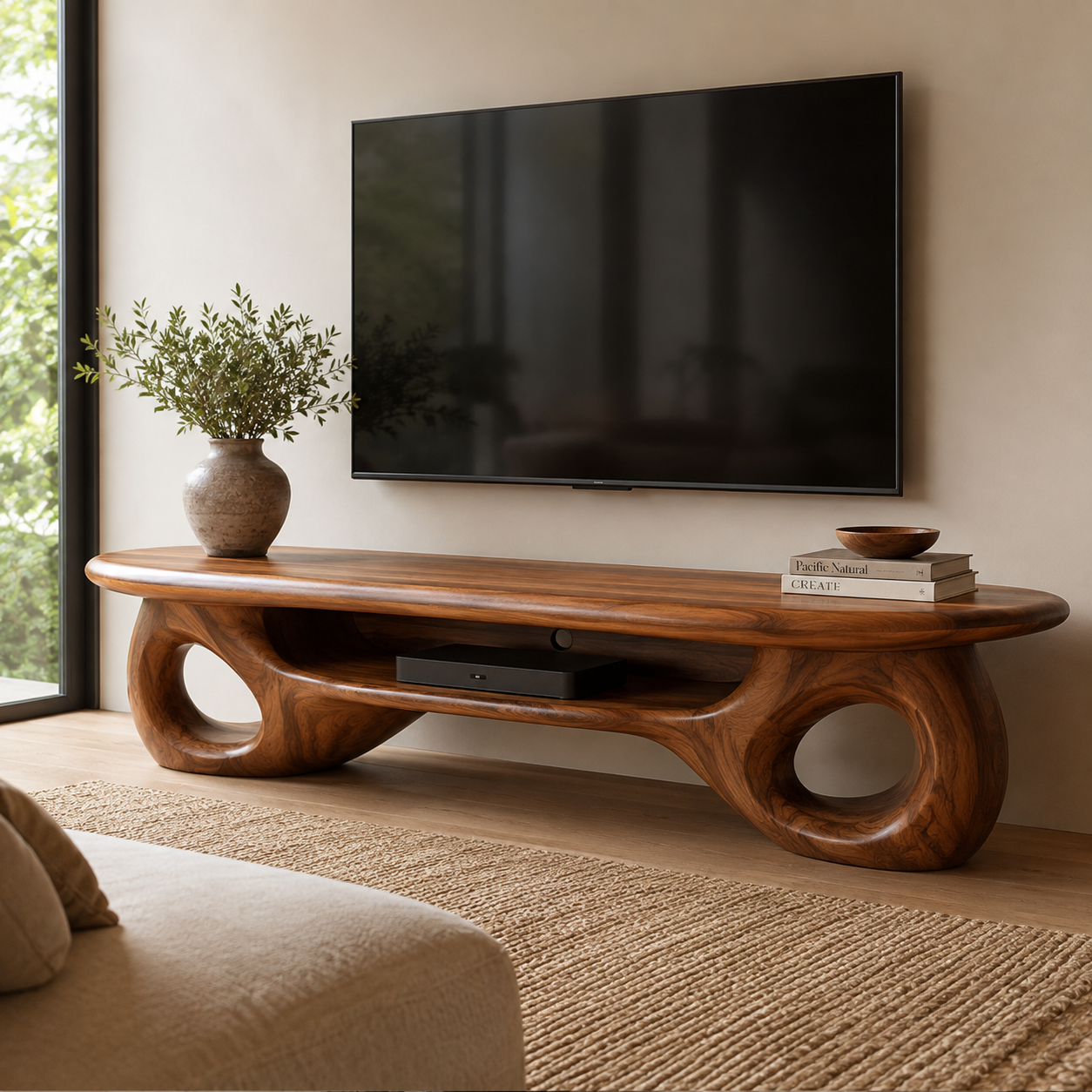 Freya Sculptural Solid Wood TV Stand - Design 067 - premium solid wood TV stand main lifestyle view