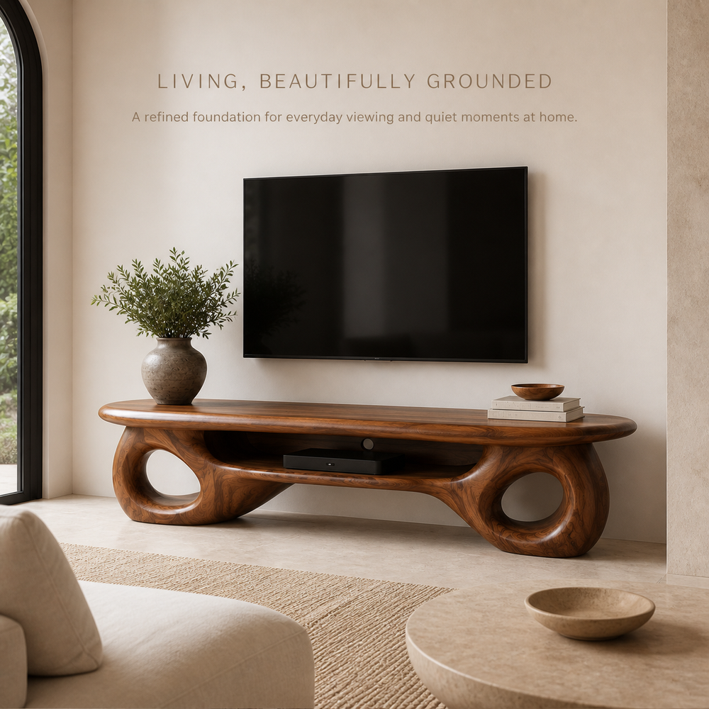 Freya Sculptural Solid Wood TV Stand - Design 067 - TV stand detail and styling view 01