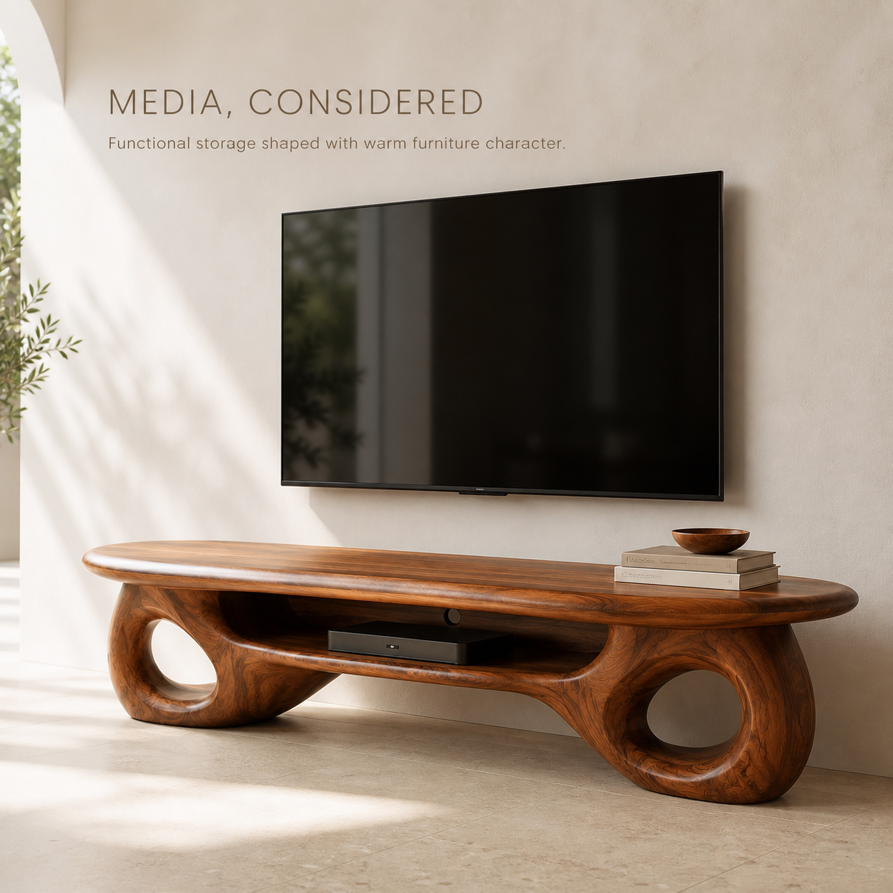 Freya Sculptural Solid Wood TV Stand - Design 067 - TV stand detail and styling view 02
