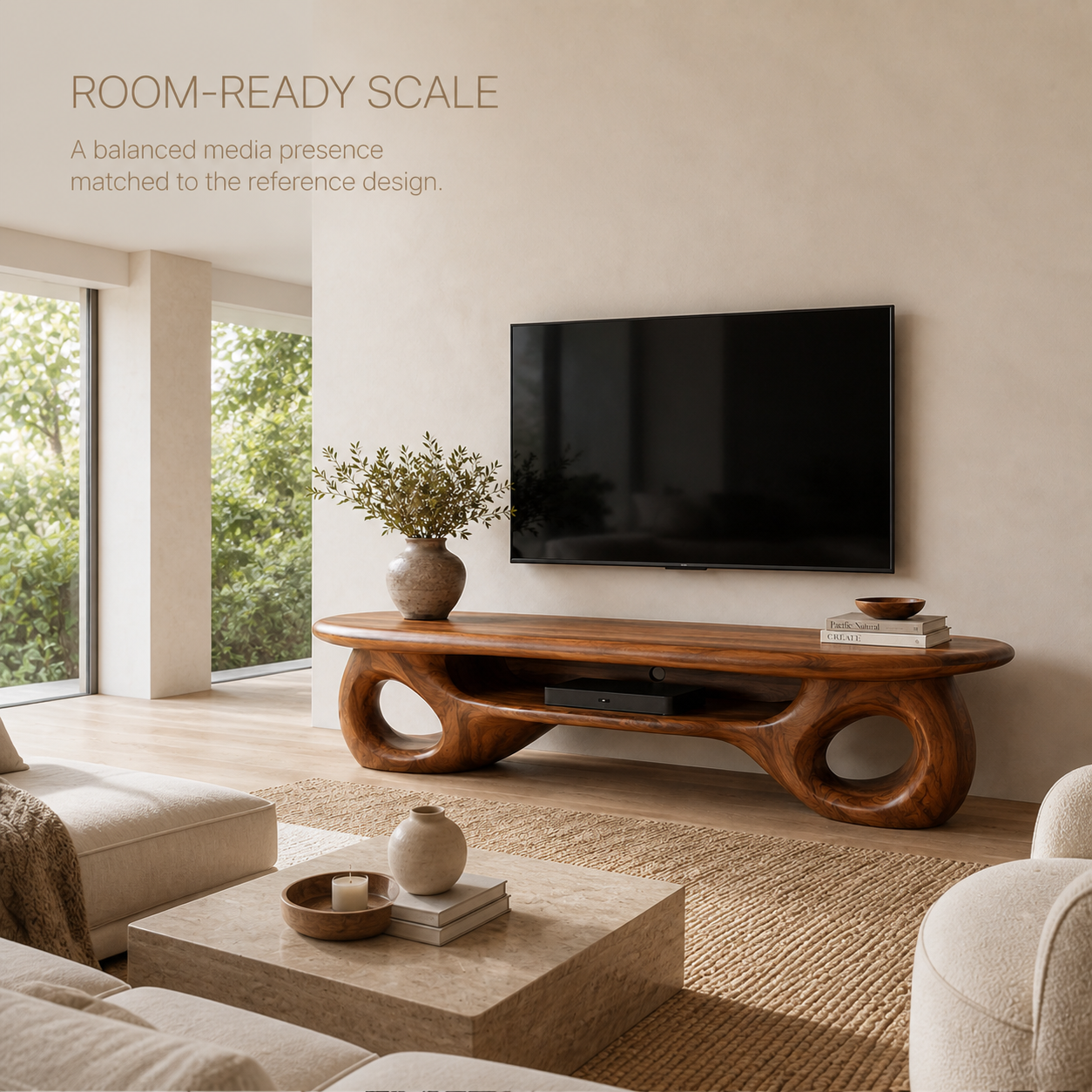 Freya Sculptural Solid Wood TV Stand - Design 067 - TV stand detail and styling view 03