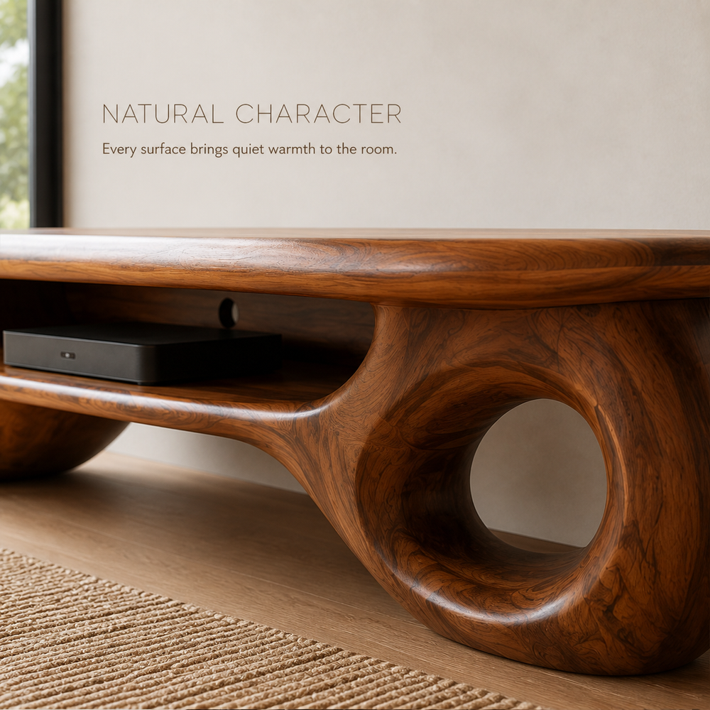 Freya Sculptural Solid Wood TV Stand - Design 067 - TV stand detail and styling view 04