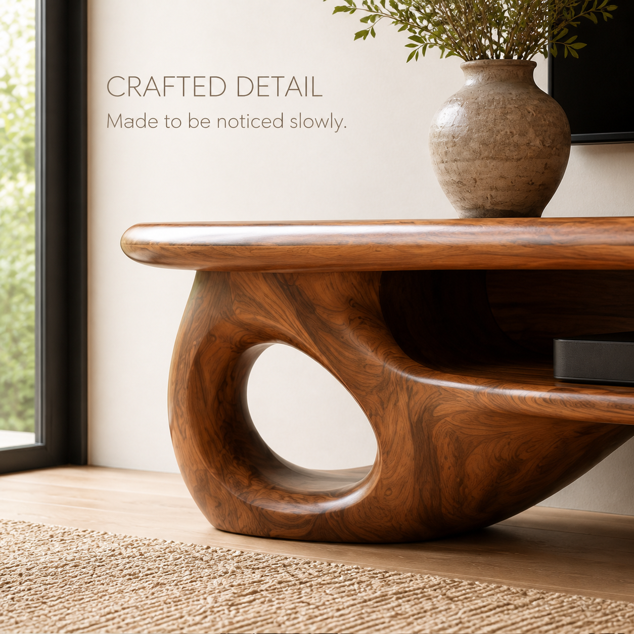 Freya Sculptural Solid Wood TV Stand - Design 067 - TV stand detail and styling view 05