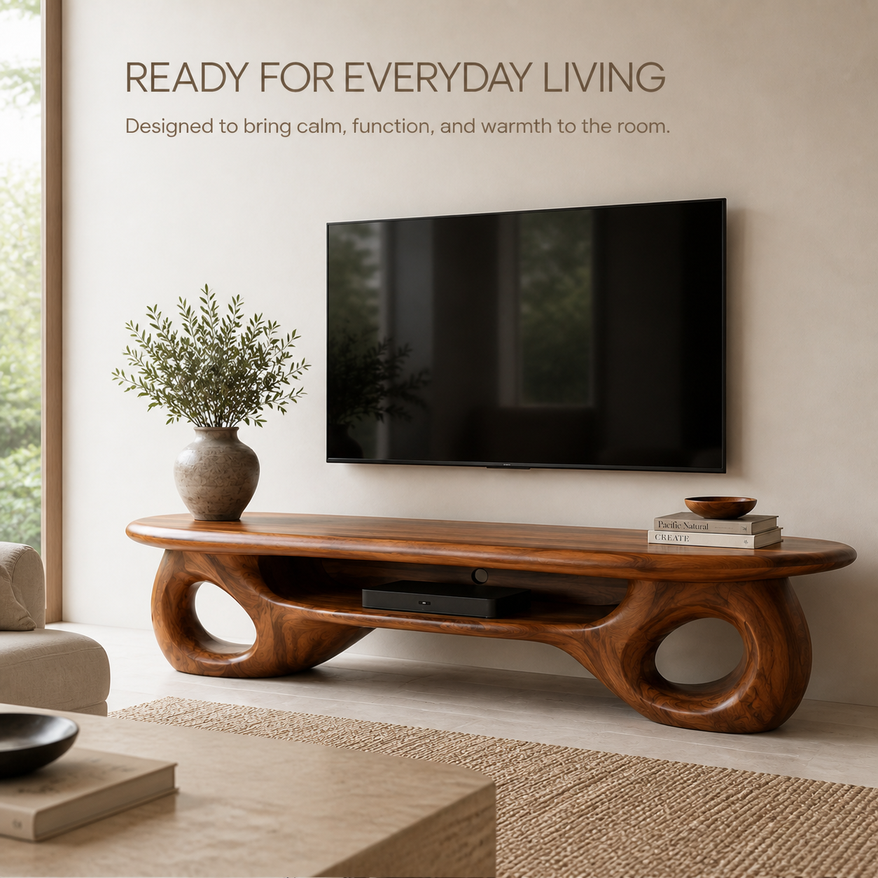 Freya Sculptural Solid Wood TV Stand - Design 067 - TV stand detail and styling view 06