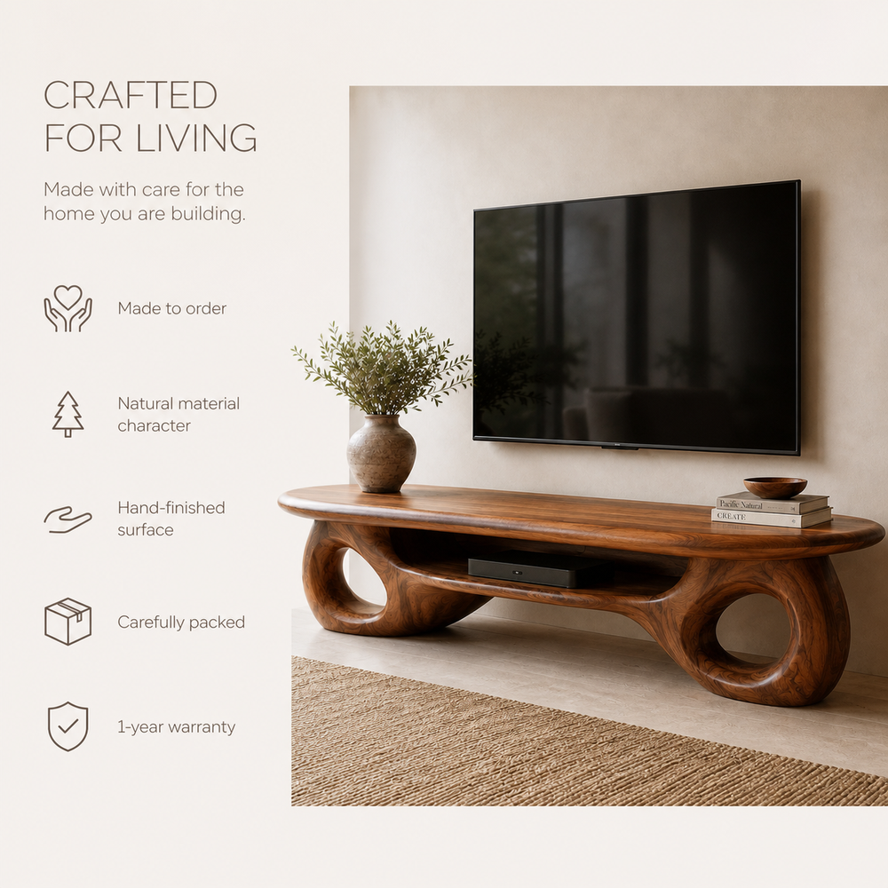 Freya Sculptural Solid Wood TV Stand - Design 067 - TV stand detail and styling view 08