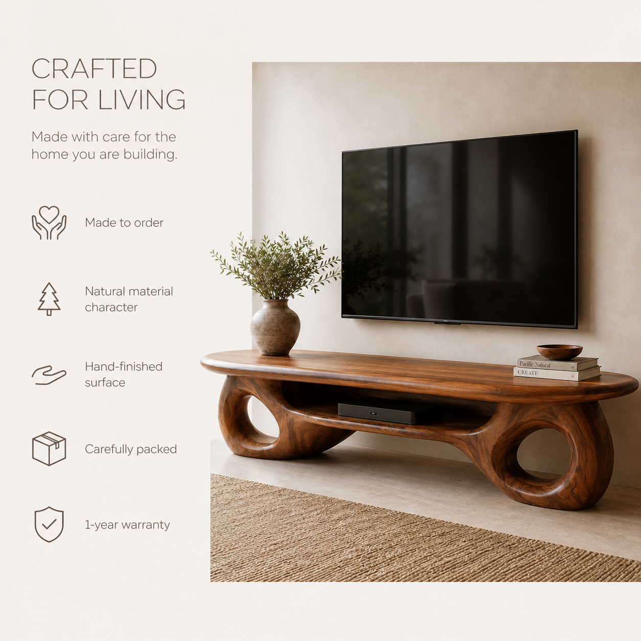 Freya Sculptural Solid Wood TV Stand - Design 067 - TV stand detail and styling view 08