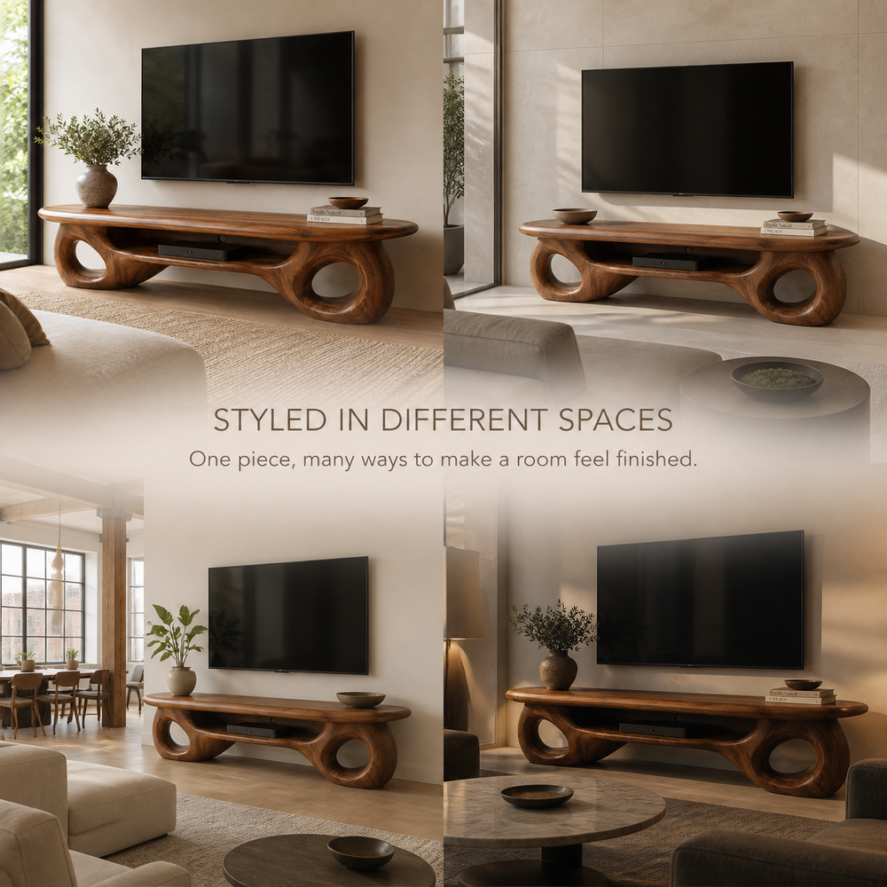 Freya Sculptural Solid Wood TV Stand - Design 067 - TV stand detail and styling view 09