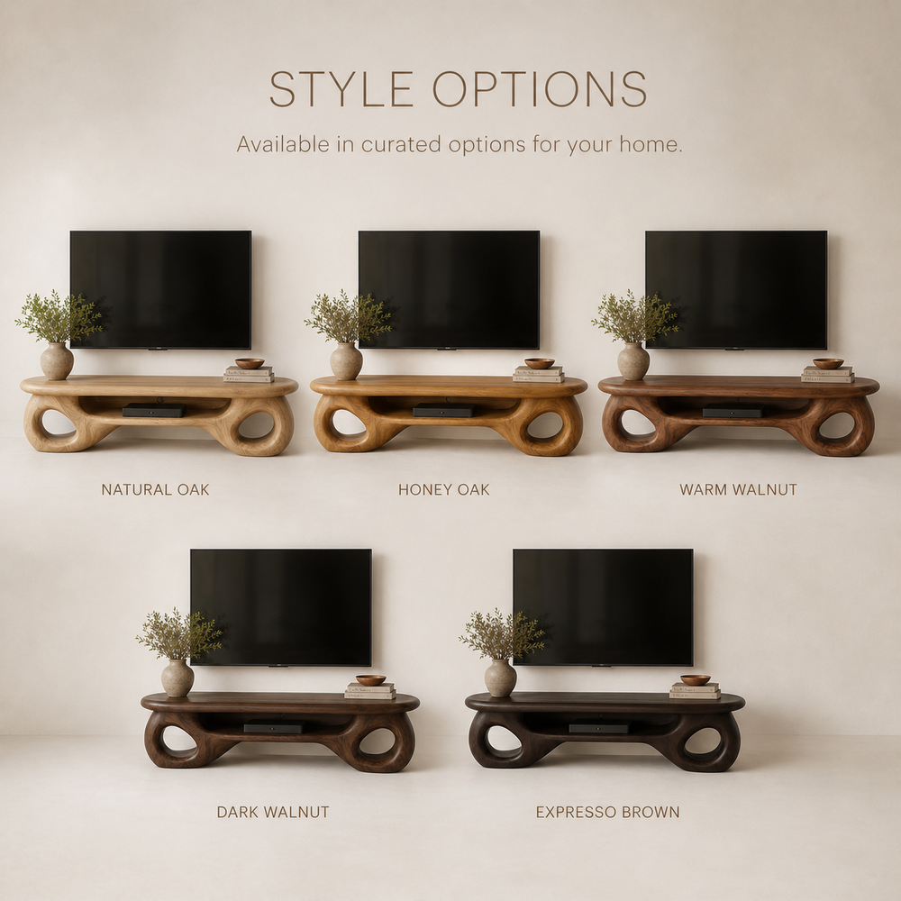Freya Sculptural Solid Wood TV Stand - Design 067 - TV stand detail and styling view 10