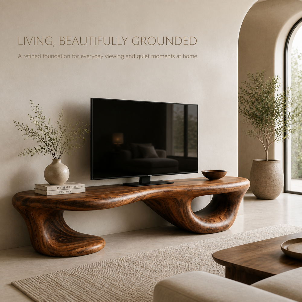 Halden Sculptural Solid Wood TV Stand - Design 068 - TV stand detail and styling view 01