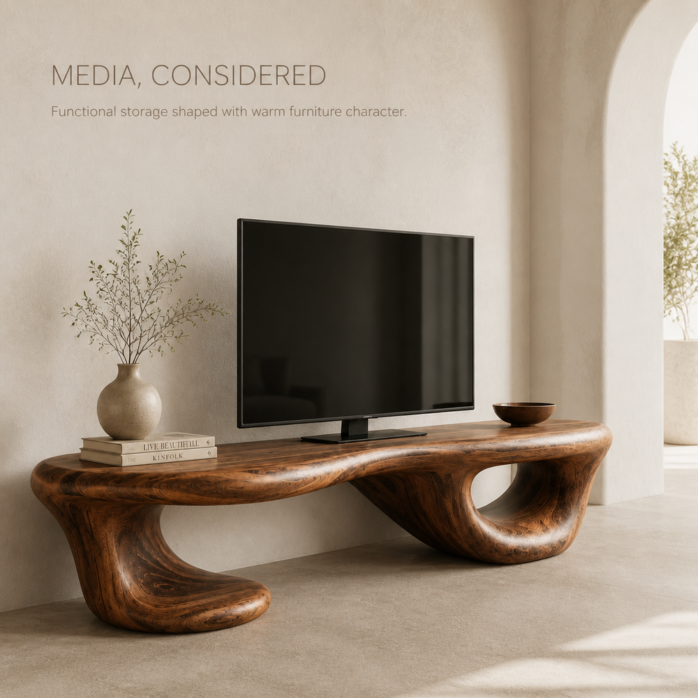 Halden Sculptural Solid Wood TV Stand - Design 068 - TV stand detail and styling view 02
