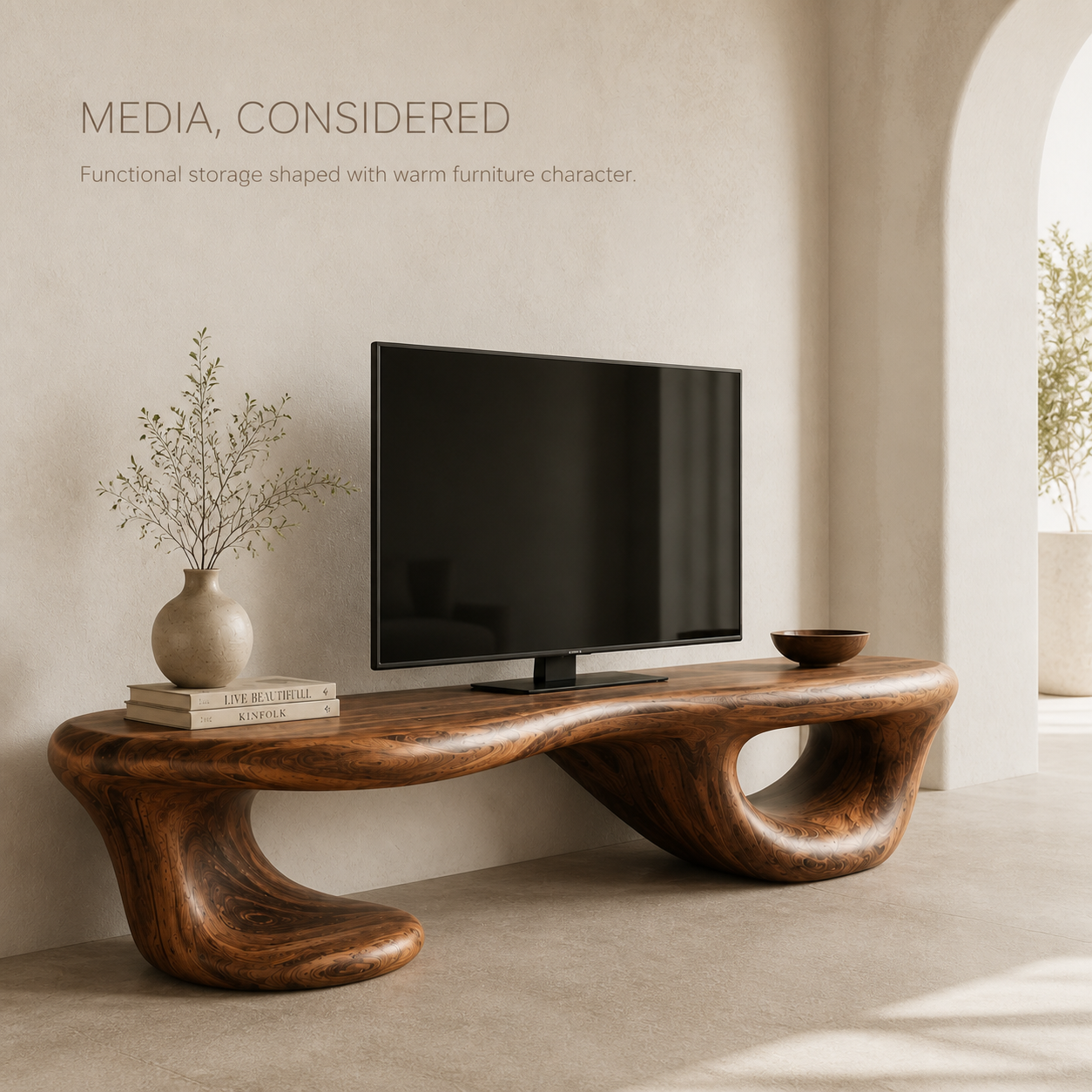 Halden Sculptural Solid Wood TV Stand - Design 068 - TV stand detail and styling view 02