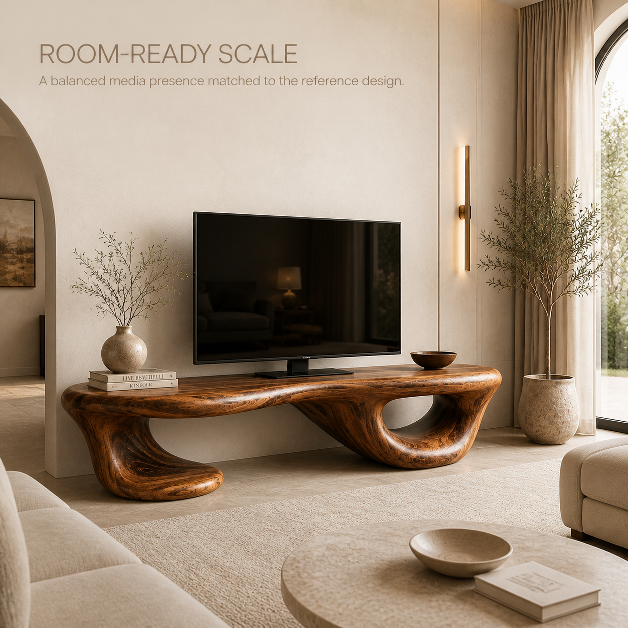 Halden Sculptural Solid Wood TV Stand - Design 068 - TV stand detail and styling view 03