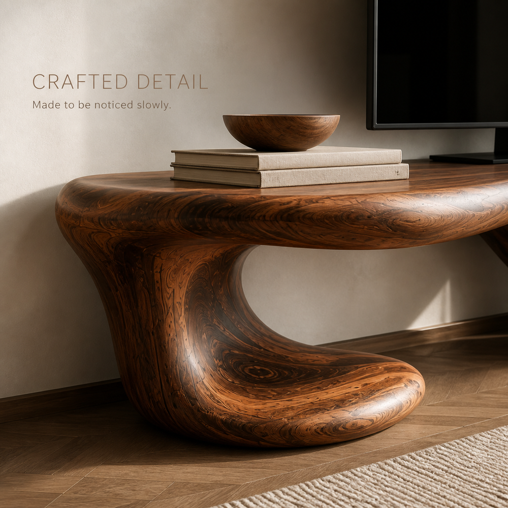 Halden Sculptural Solid Wood TV Stand - Design 068 - TV stand detail and styling view 05