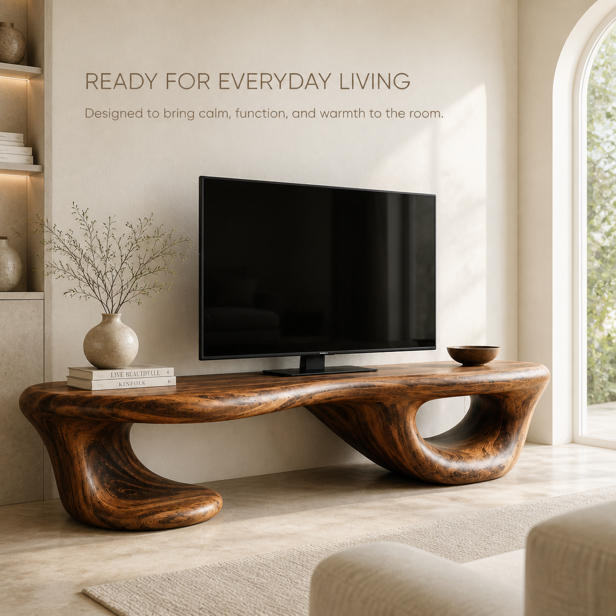 Halden Sculptural Solid Wood TV Stand - Design 068 - TV stand detail and styling view 06