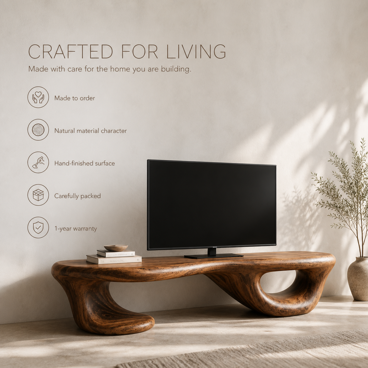 Halden Sculptural Solid Wood TV Stand - Design 068 - TV stand detail and styling view 08
