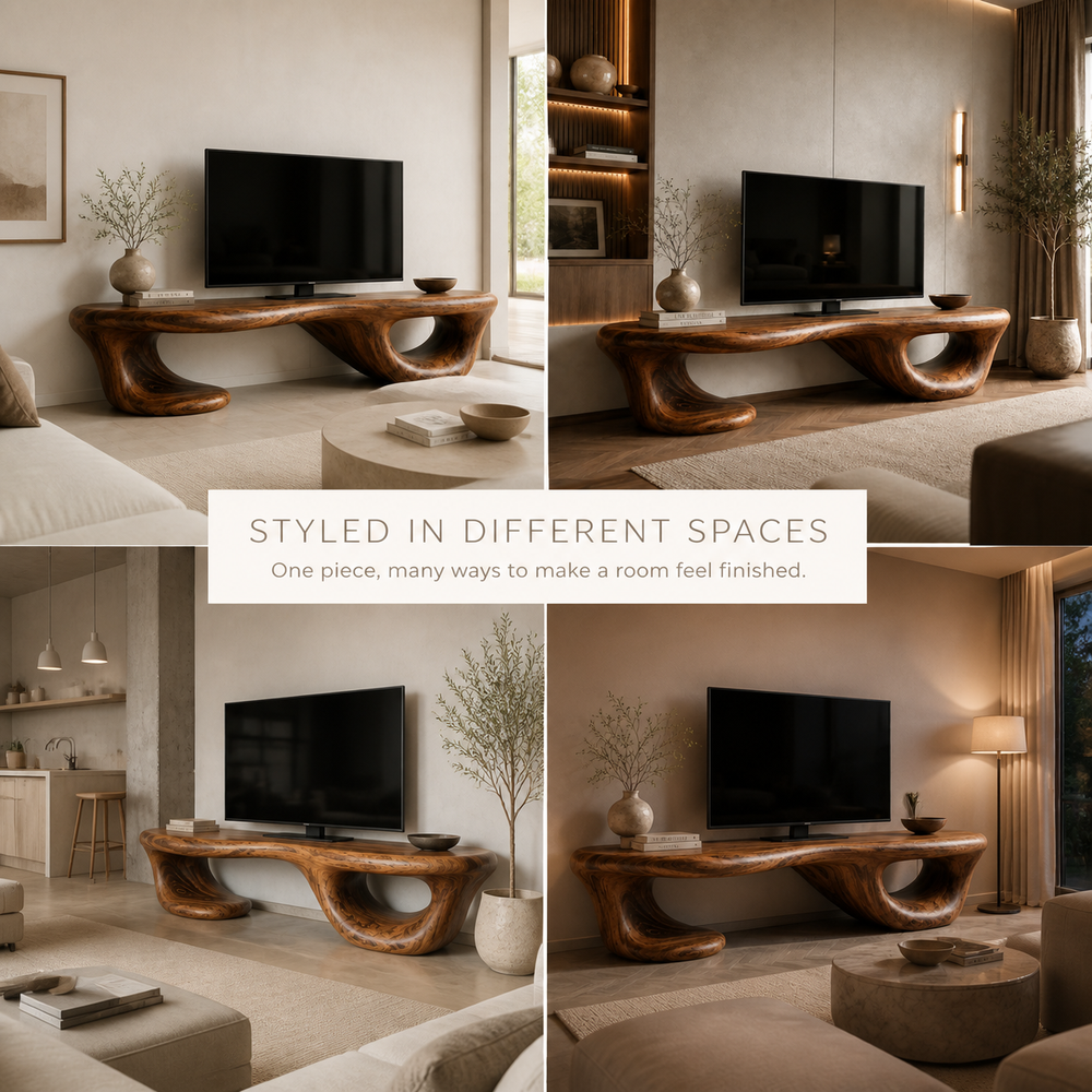 Halden Sculptural Solid Wood TV Stand - Design 068 - TV stand detail and styling view 09