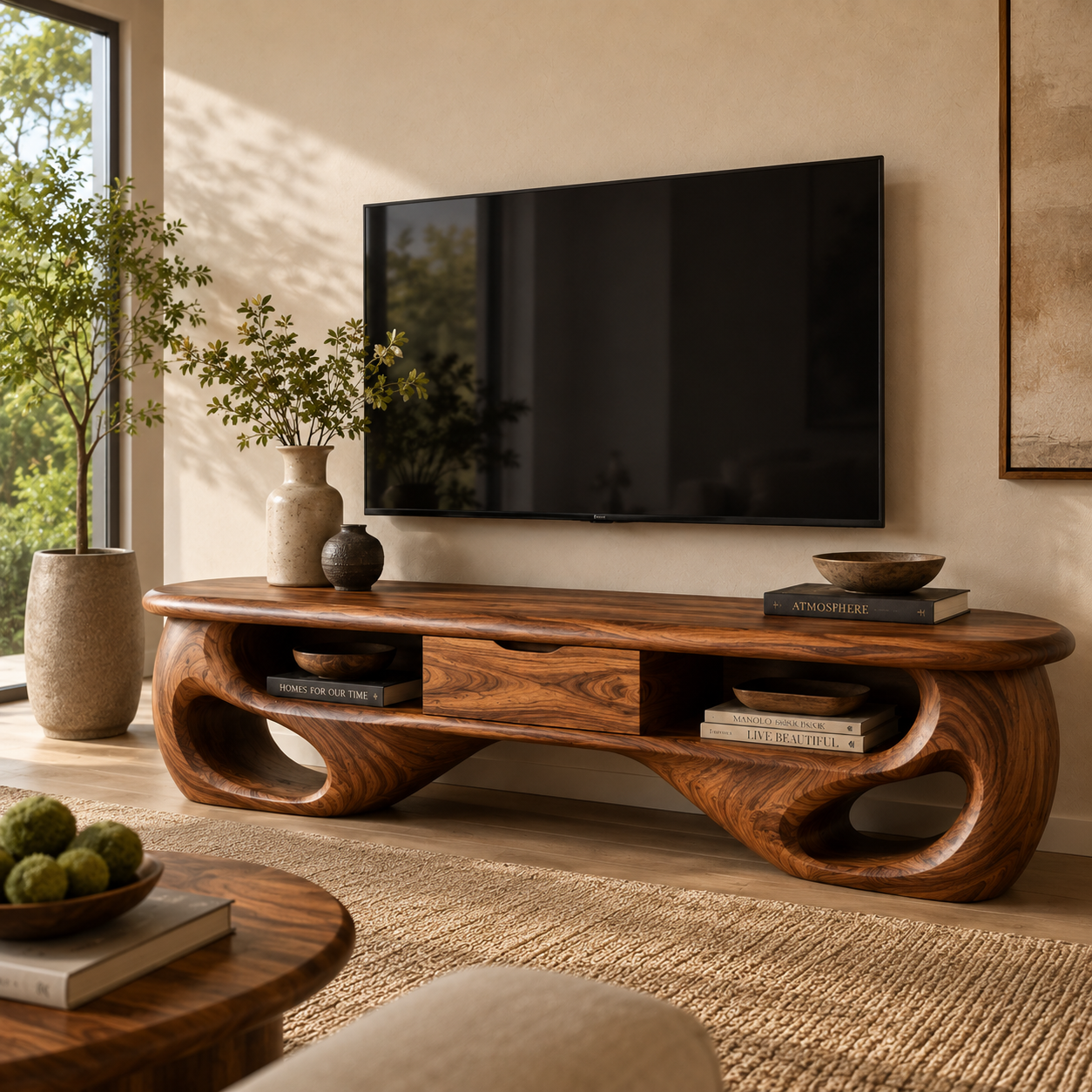 Mirael Sculptural Solid Wood TV Stand - Design 069 - premium solid wood TV stand main lifestyle view