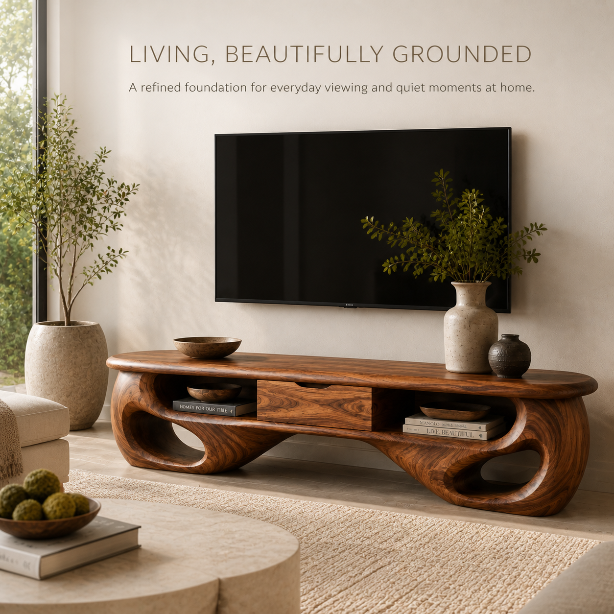 Mirael Sculptural Solid Wood TV Stand - Design 069 - TV stand detail and styling view 01