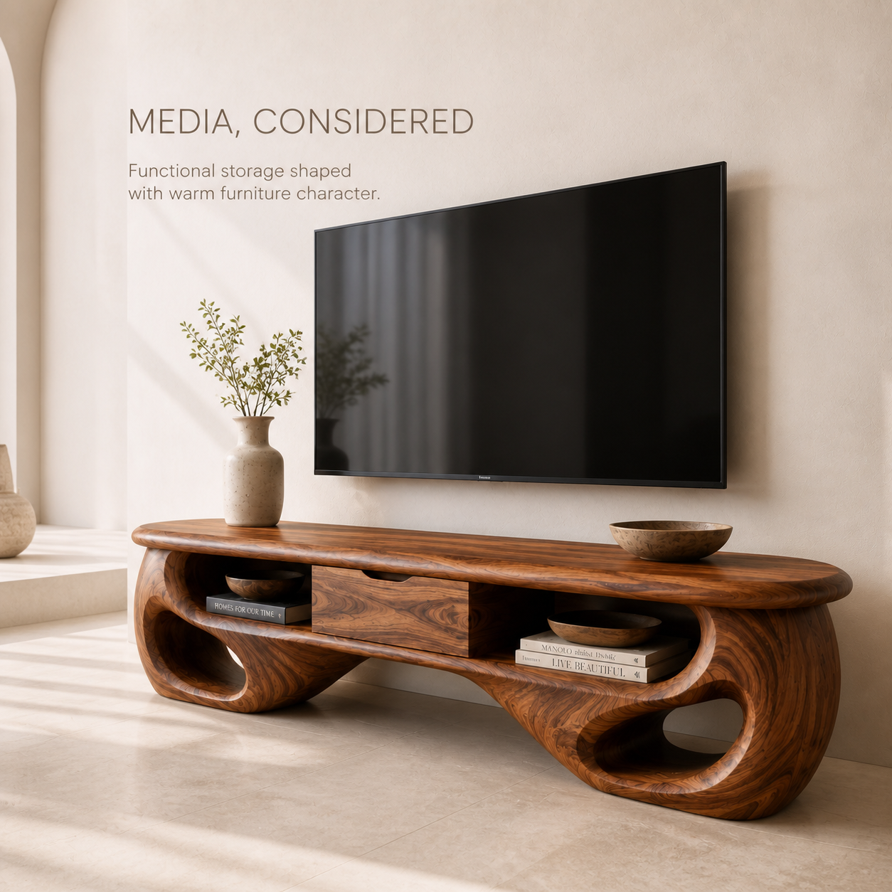 Mirael Sculptural Solid Wood TV Stand - Design 069 - TV stand detail and styling view 02