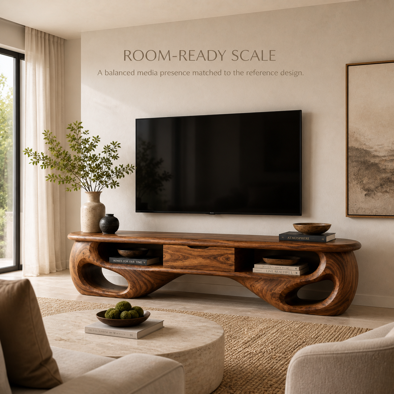 Mirael Sculptural Solid Wood TV Stand - Design 069 - TV stand detail and styling view 03