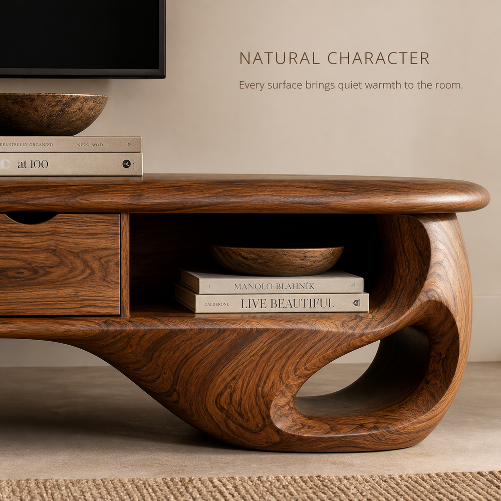 Mirael Sculptural Solid Wood TV Stand - Design 069 - TV stand detail and styling view 04