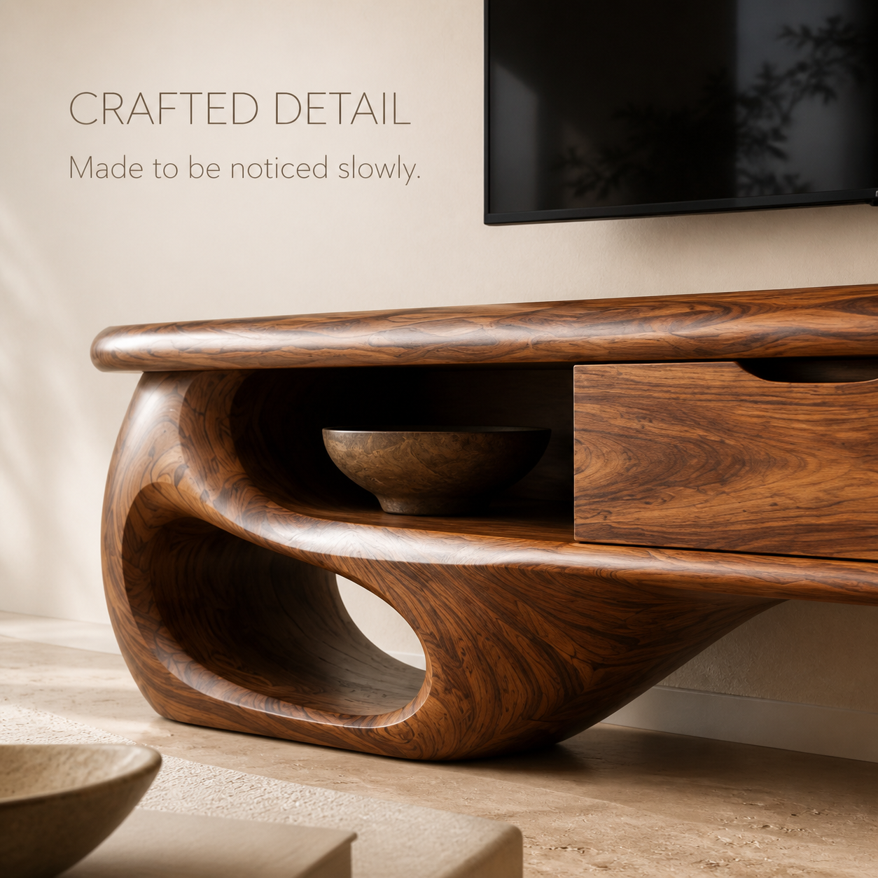 Mirael Sculptural Solid Wood TV Stand - Design 069 - TV stand detail and styling view 05