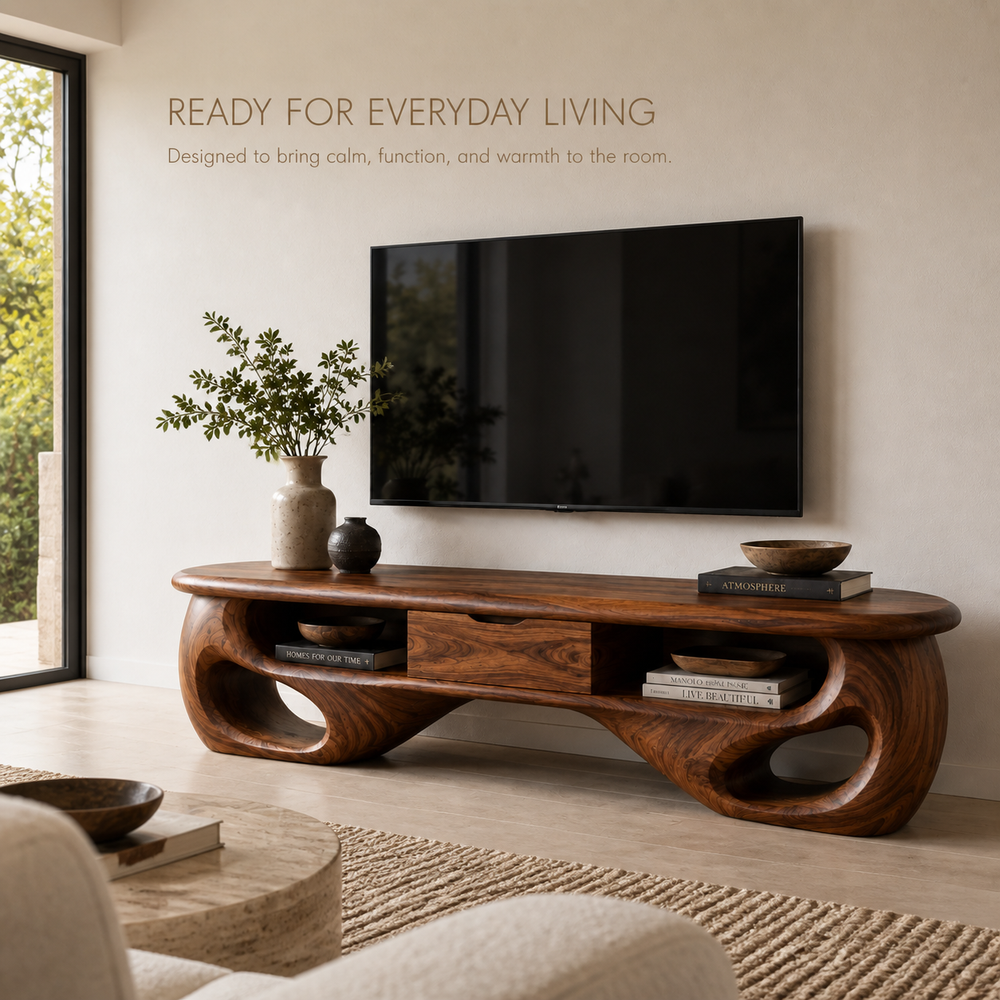 Mirael Sculptural Solid Wood TV Stand - Design 069 - TV stand detail and styling view 06