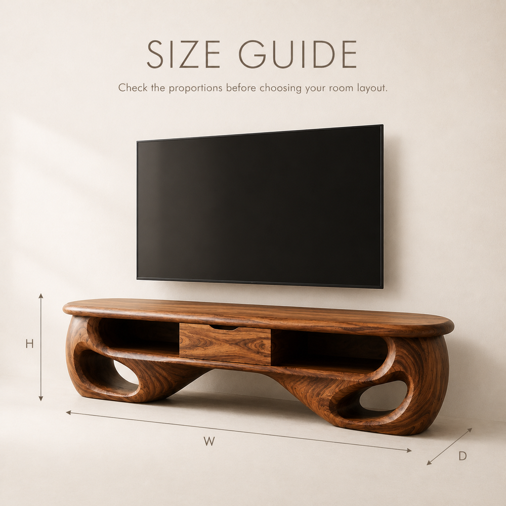 Mirael Sculptural Solid Wood TV Stand - Design 069 - TV stand detail and styling view 07