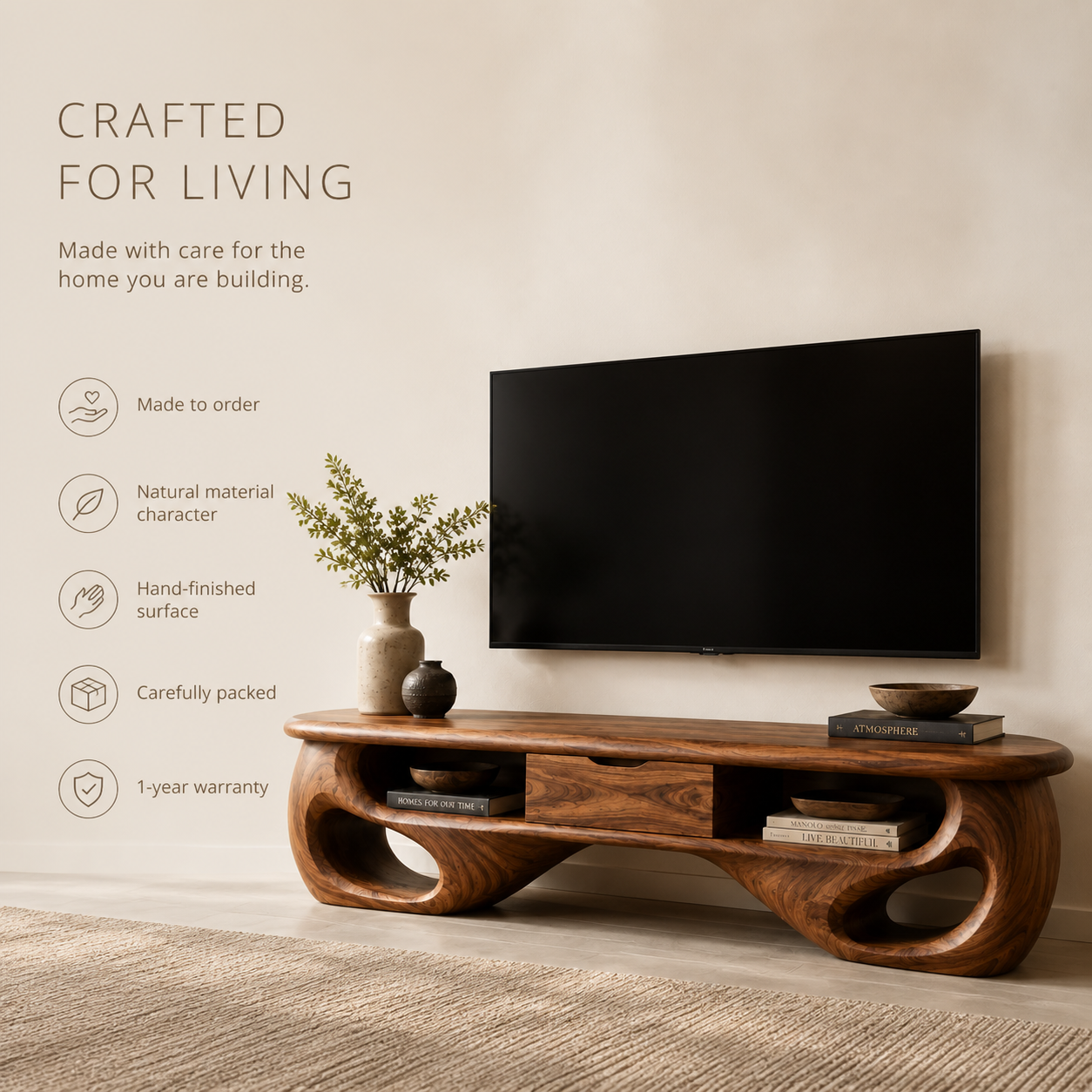 Mirael Sculptural Solid Wood TV Stand - Design 069 - TV stand detail and styling view 08