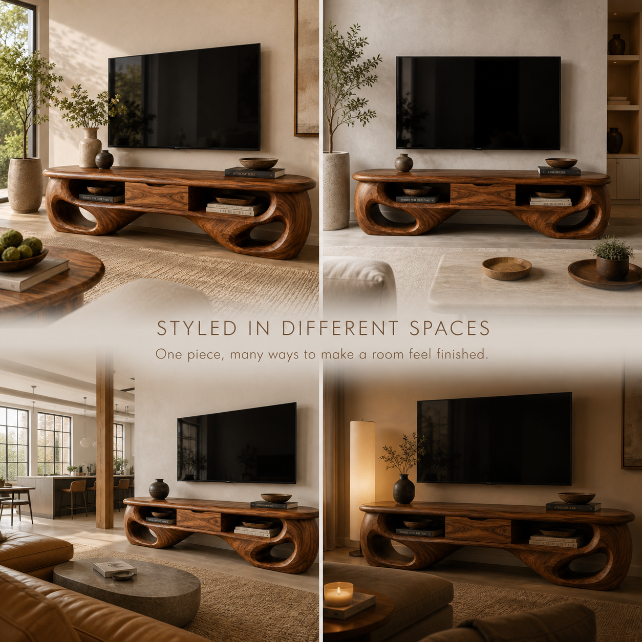 Mirael Sculptural Solid Wood TV Stand - Design 069 - TV stand detail and styling view 09