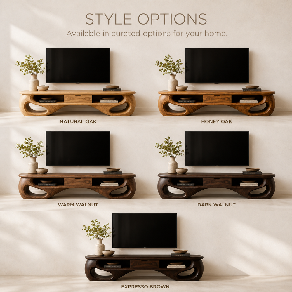 Mirael Sculptural Solid Wood TV Stand - Design 069 - TV stand detail and styling view 10
