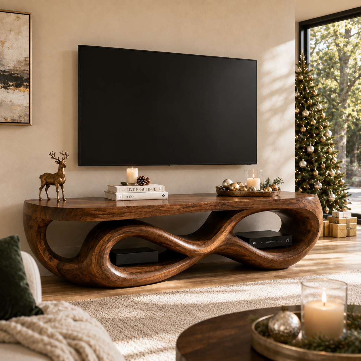 Seren Sculptural Solid Wood TV Stand - Design 070 - premium solid wood TV stand main lifestyle view