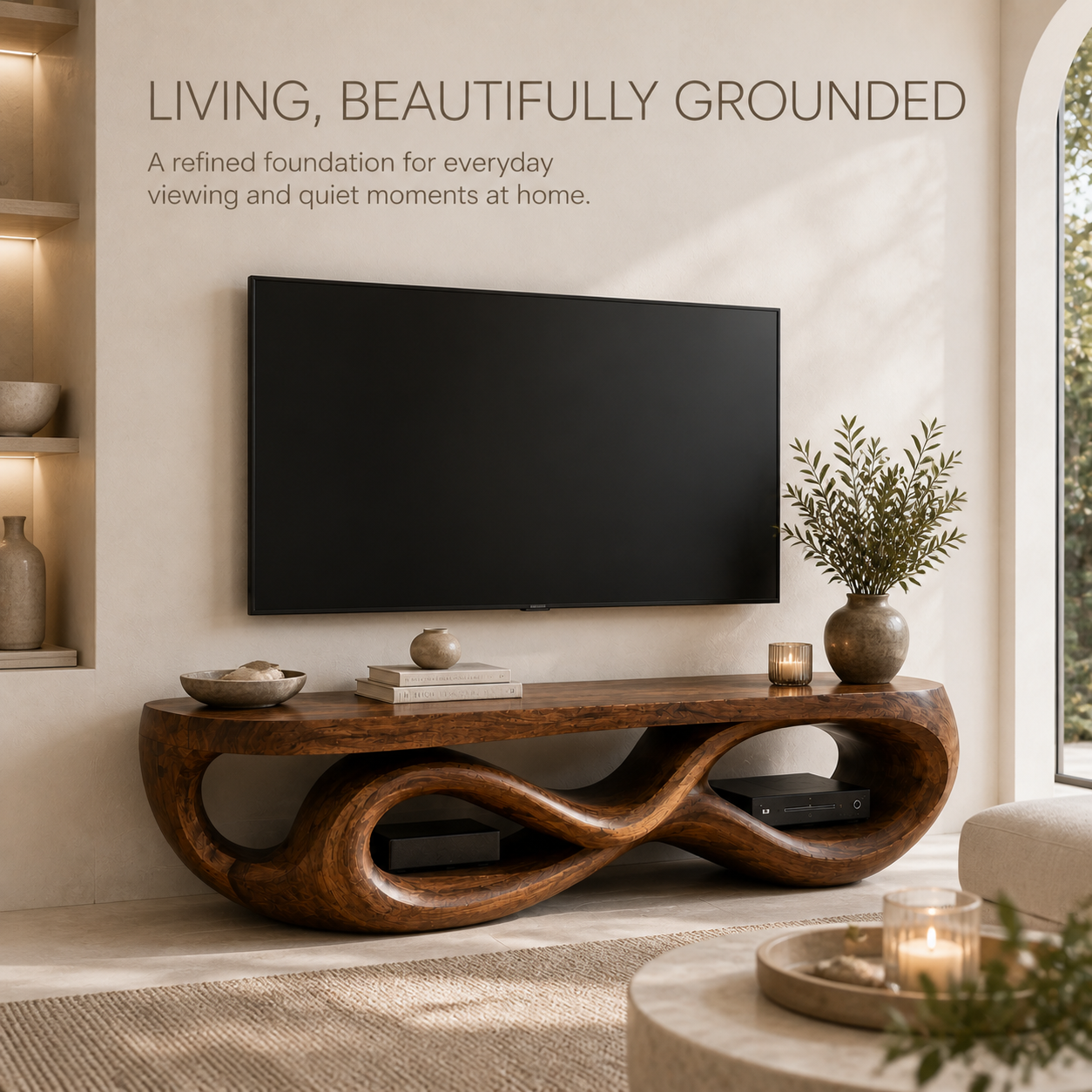 Seren Sculptural Solid Wood TV Stand - Design 070 - TV stand detail and styling view 01