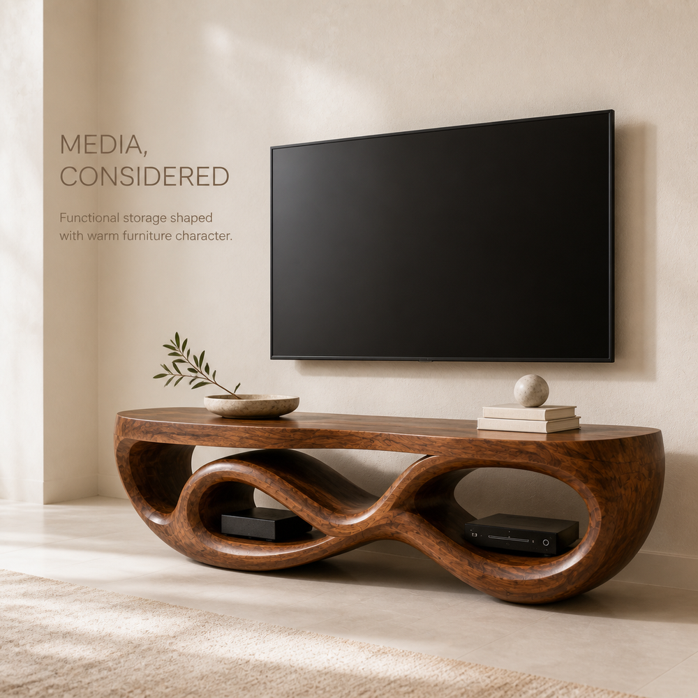 Seren Sculptural Solid Wood TV Stand - Design 070 - TV stand detail and styling view 02