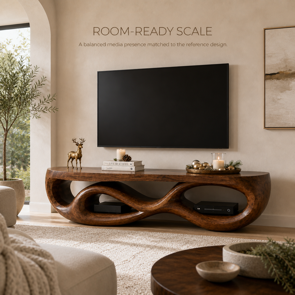 Seren Sculptural Solid Wood TV Stand - Design 070 - TV stand detail and styling view 03