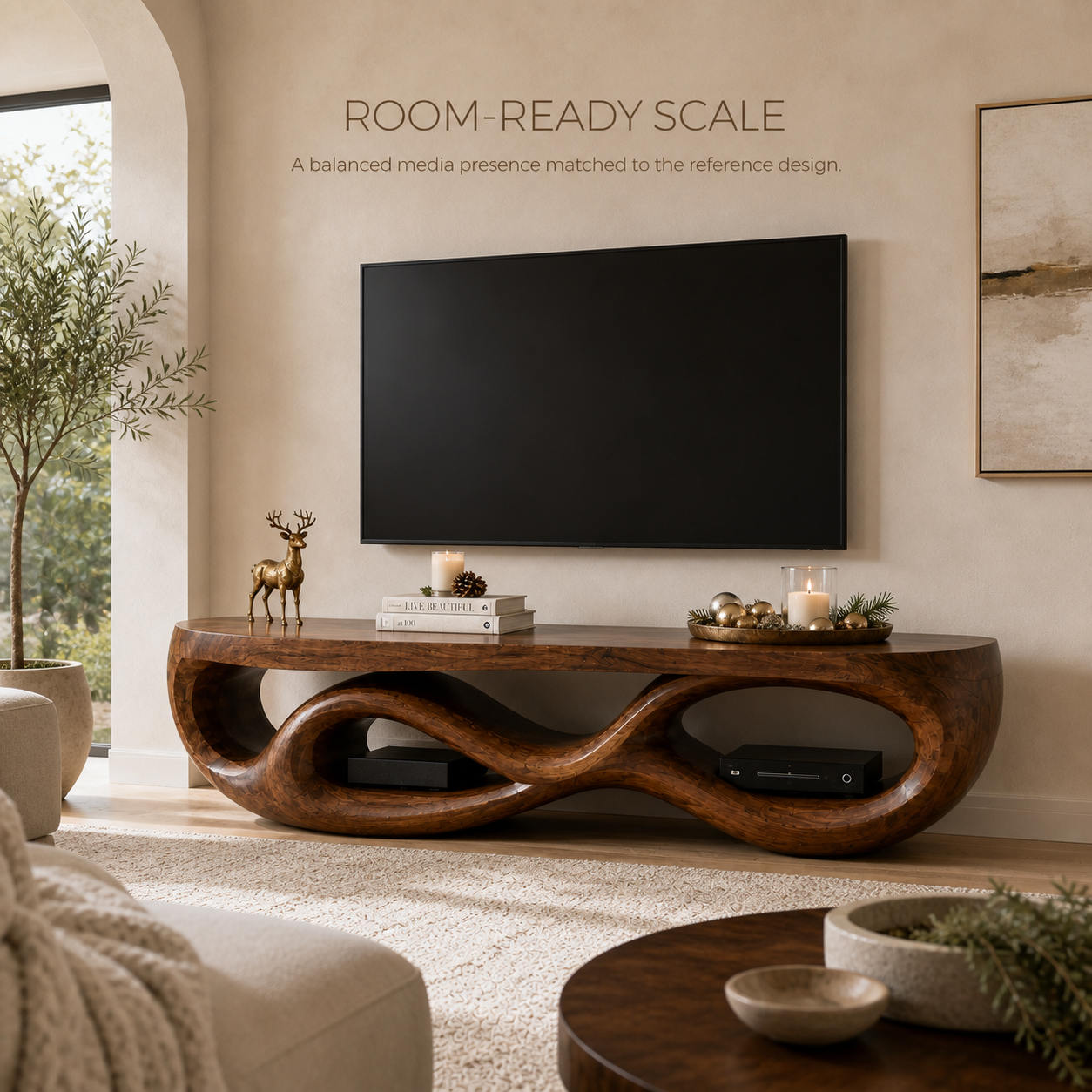 Seren Sculptural Solid Wood TV Stand - Design 070 - TV stand detail and styling view 03